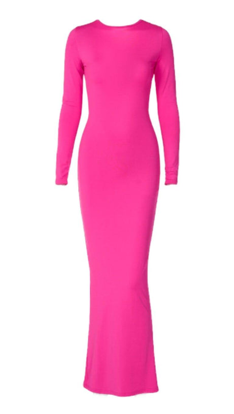 V NECK RUCHED MAXI DRESS IN HOT PINK