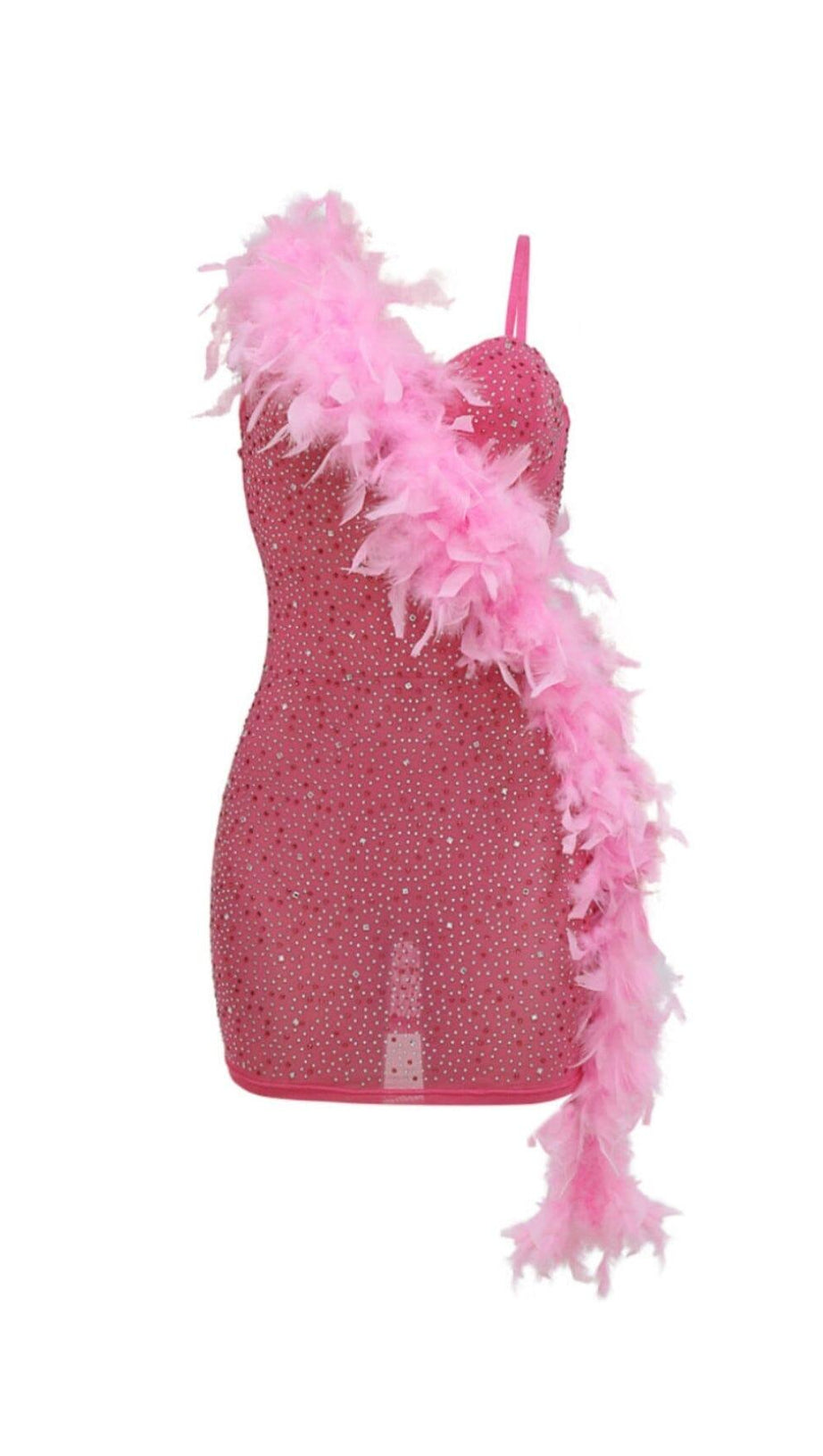 ASYMMETRIC FEATHER EMBELLISHED MINI DRESS