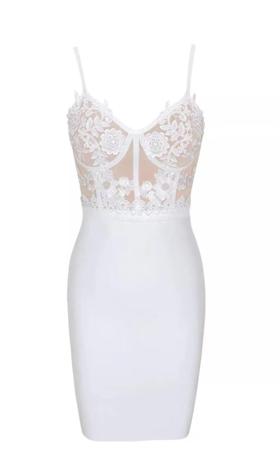 BANDAGE-SPITZEN-MINIKLEID MIT TRÄGERN IN WEISS