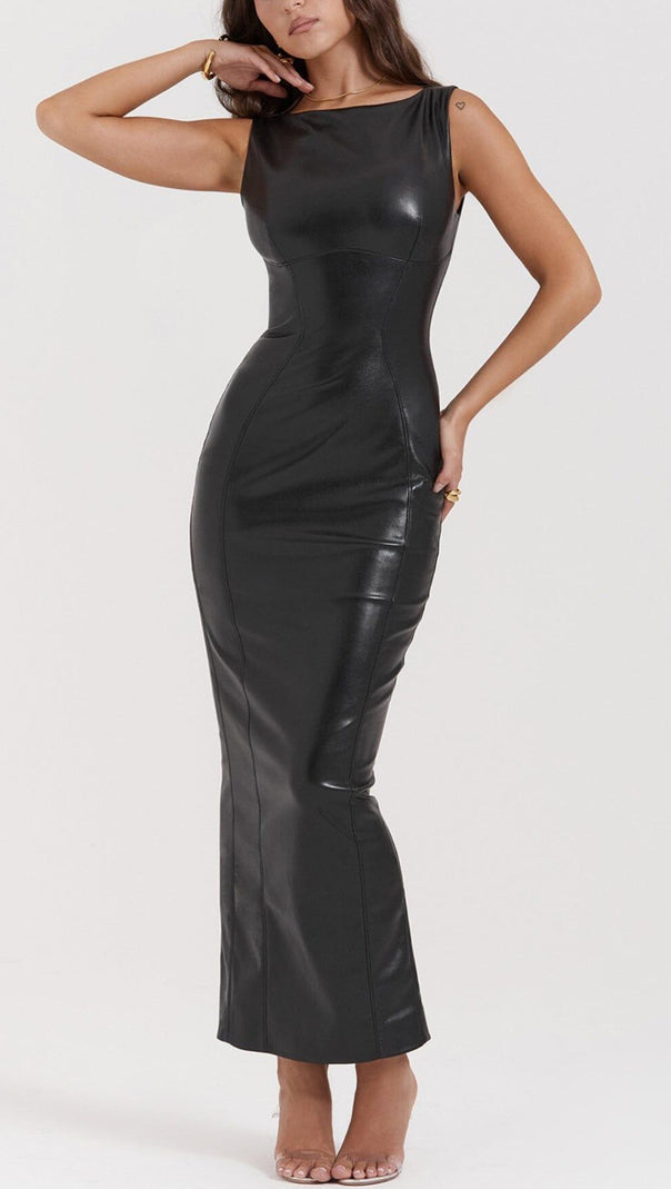 AIIZIE BLACK VEGAN LEATHER MAXI DRESS - product image