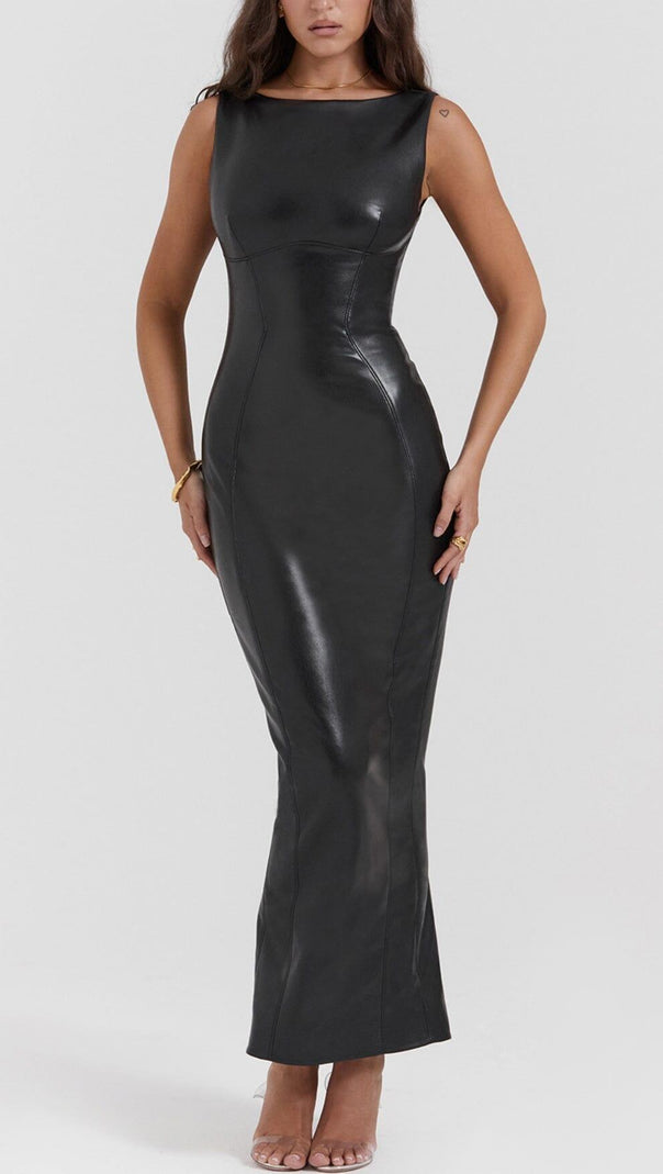 AIIZIE BLACK VEGAN LEATHER MAXI DRESS - product image