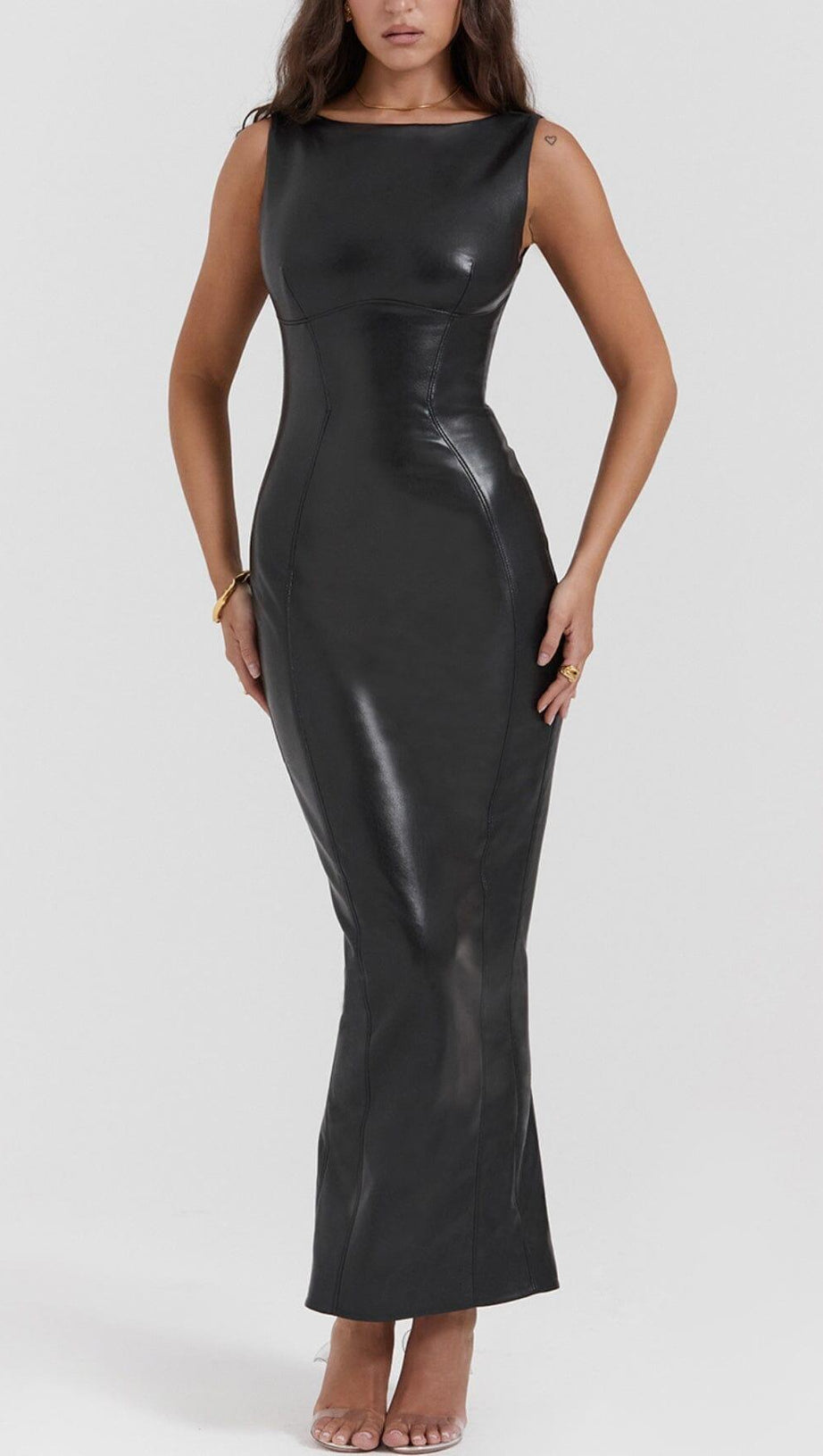 BLACK VEGAN LEATHER MAXI DRESS