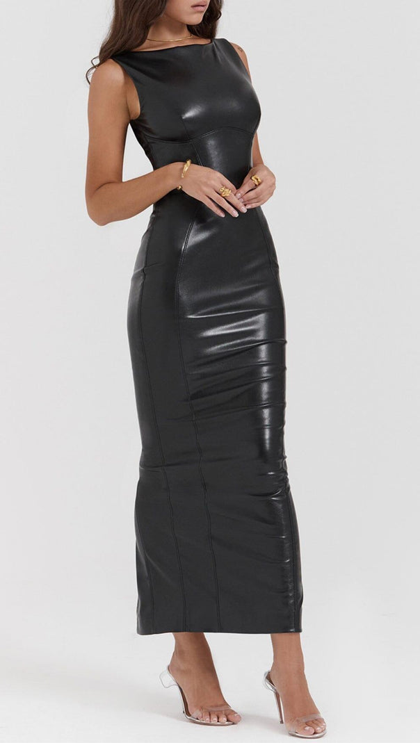 AIIZIE BLACK VEGAN LEATHER MAXI DRESS - product image