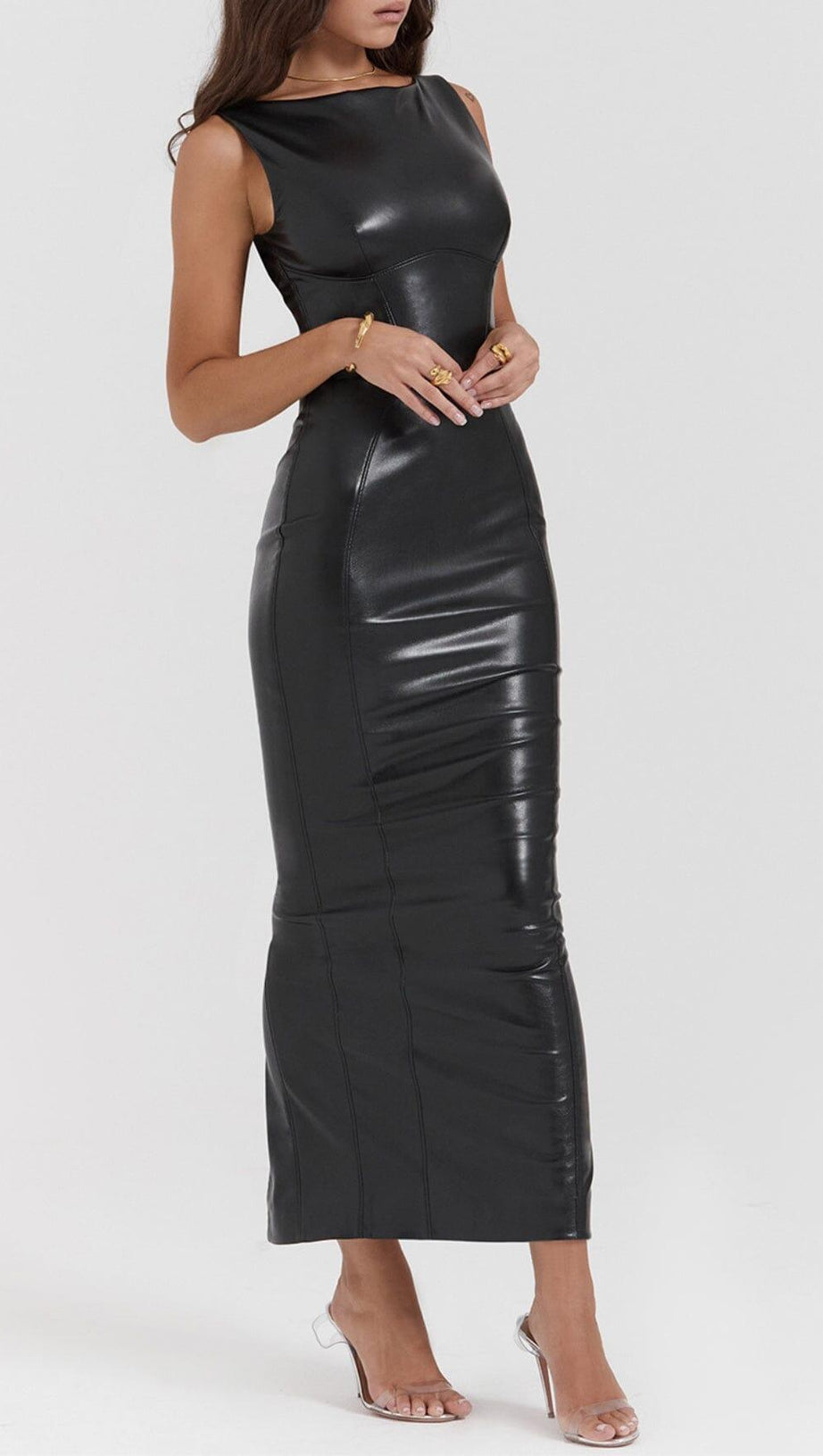 BLACK VEGAN LEATHER MAXI DRESS