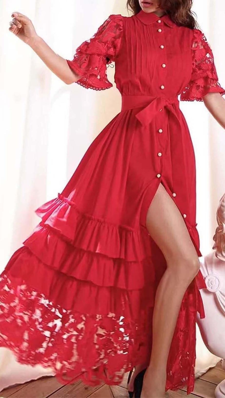 BREASTED STITCHING LACE MAXI DRESS IN RED