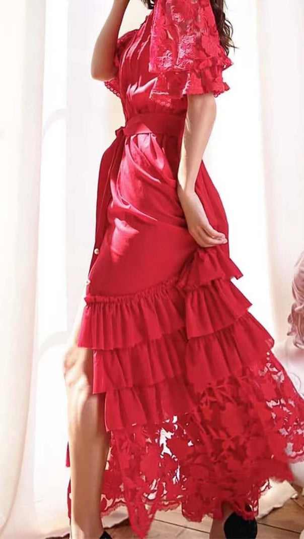 AIIZIE BREASTED STITCHING LACE MAXI DRESS IN RED - product image