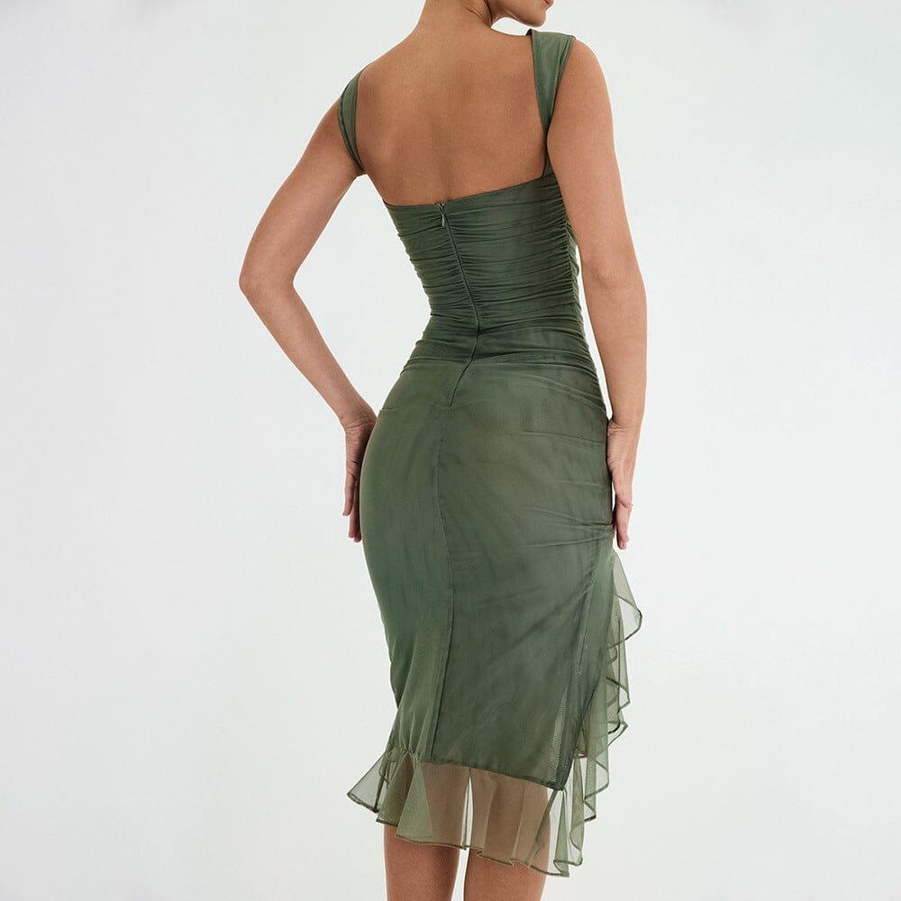 UNREGELMÄSSIGES KORSETTKLEID MIT RÜSCHEN IN GRÜN