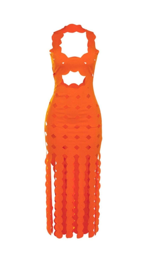 Maxikleid mit kreisförmigen Ausschnitten und Fransen in Orange
