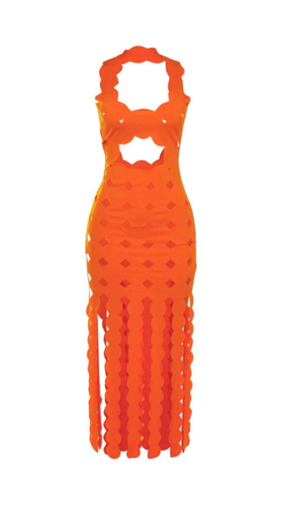 CIRCLE CUTOUT FRINGE MAXI DRESS IN ORANGE
