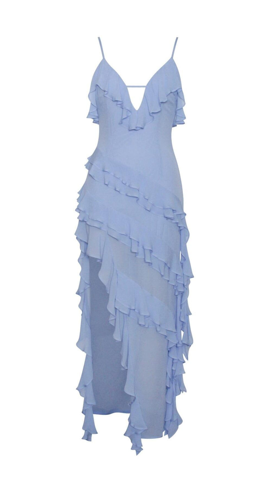 CORNFLOWER BLUE RAYON RUFFLE MAXI DRESS