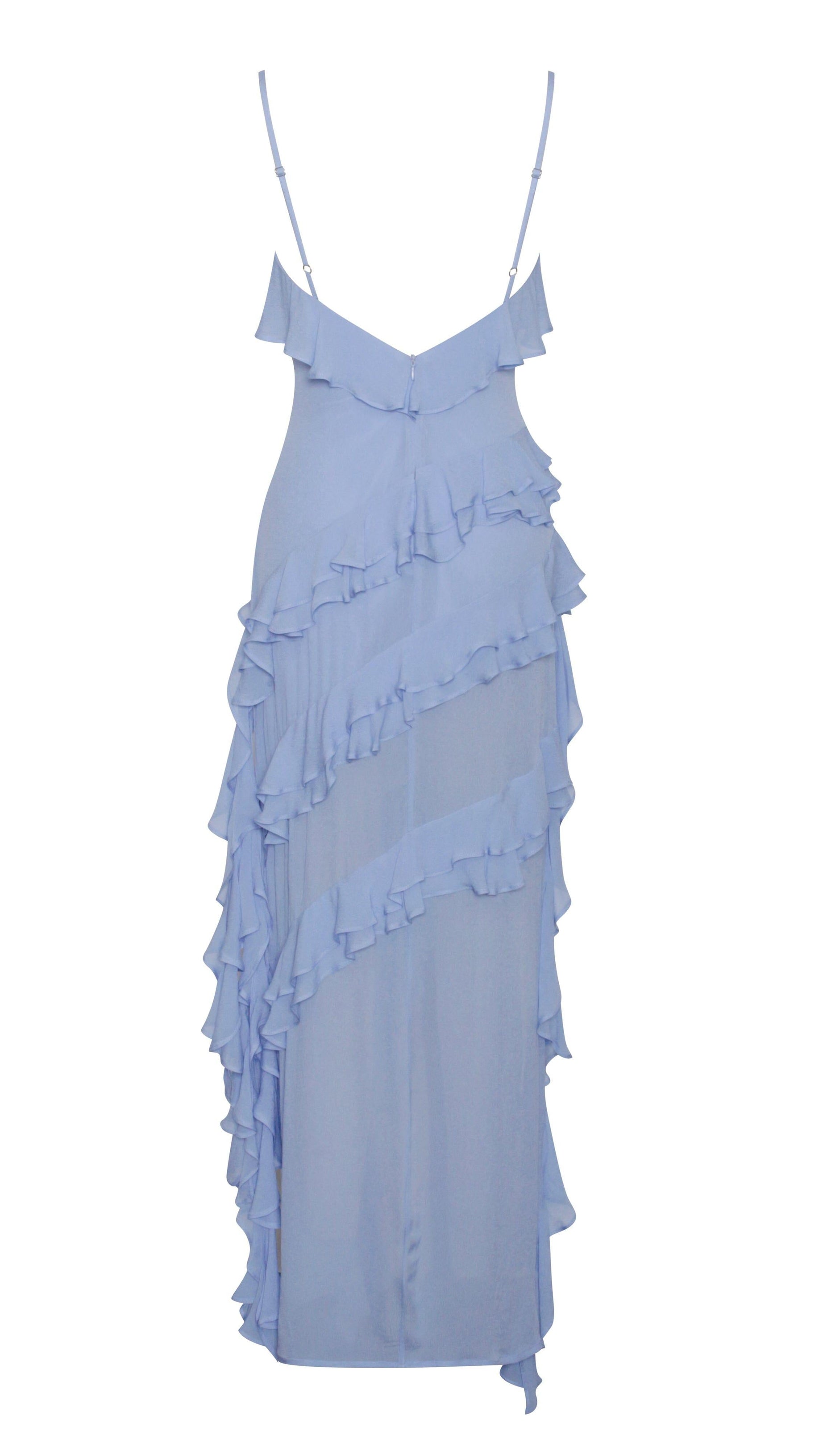 CORNFLOWER BLUE RAYON RUFFLE MAXI DRESS