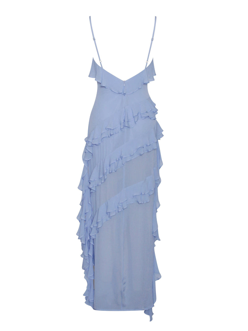 CORNFLOWER BLUE RAYON RUFFLE MAXI DRESS