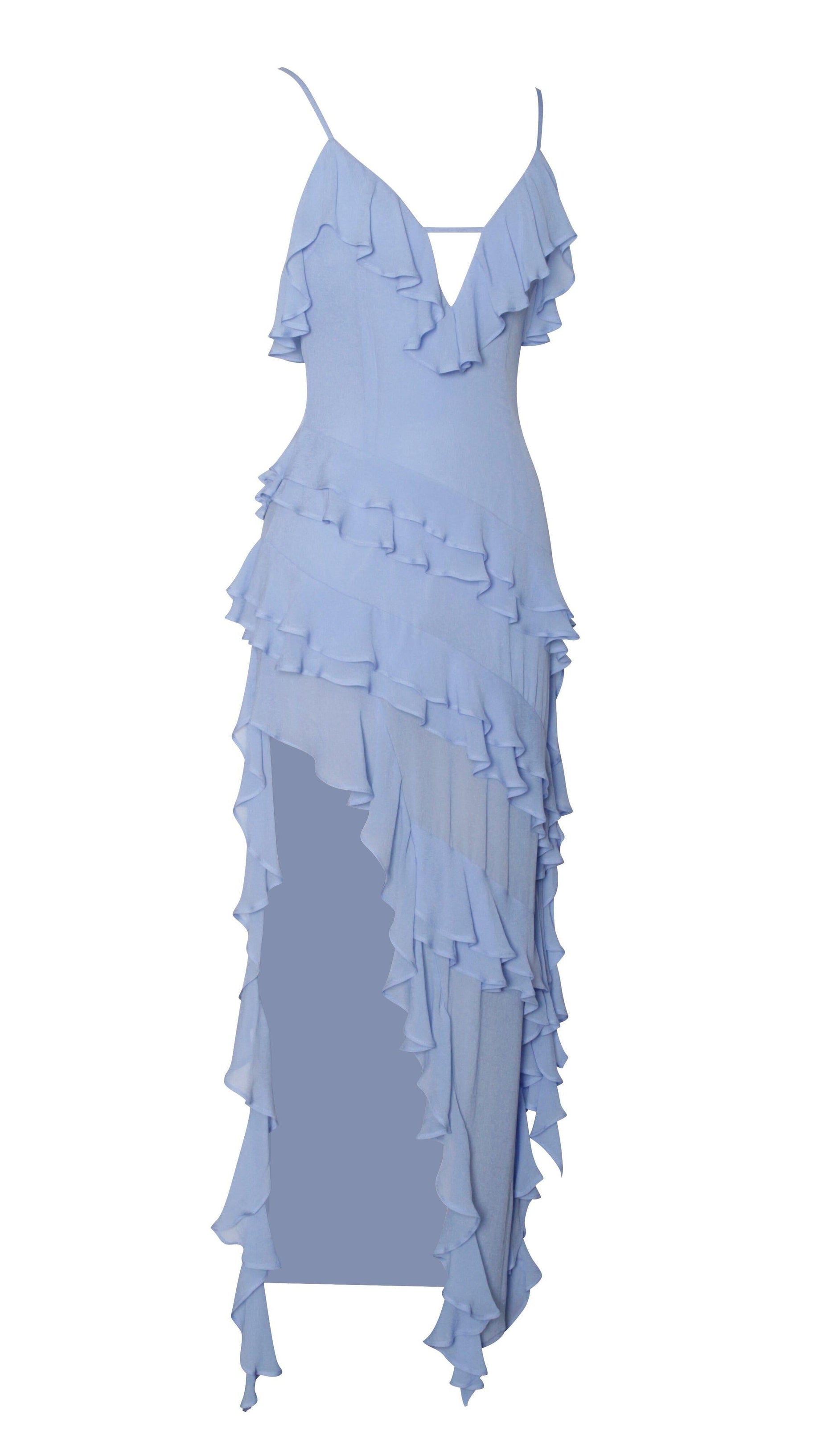 CORNFLOWER BLUE RAYON RUFFLE MAXI DRESS