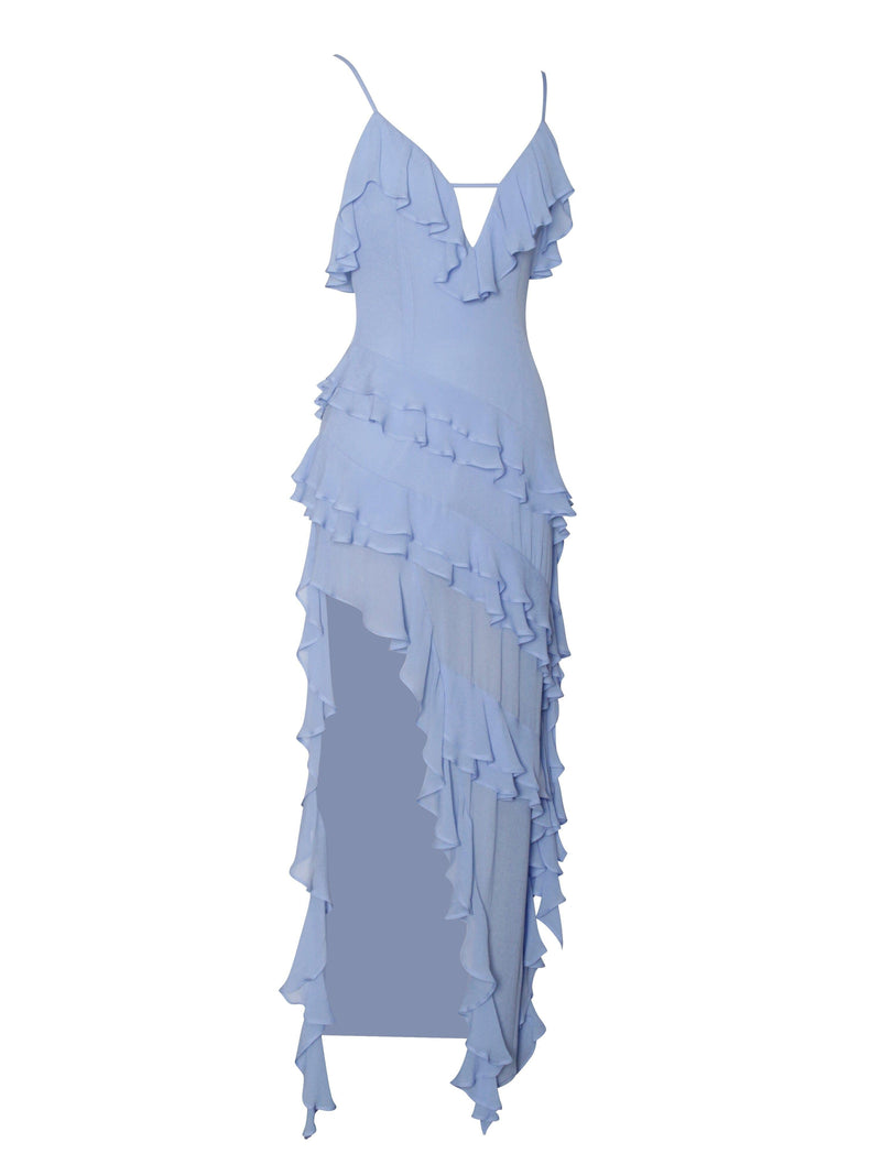 CORNFLOWER BLUE RAYON RUFFLE MAXI DRESS