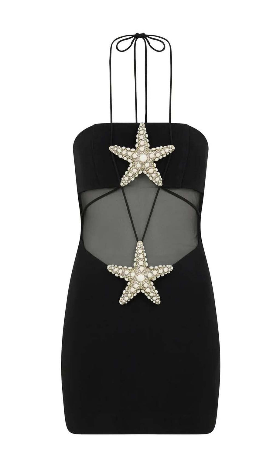CRYSTAL STARFISH HALTER MINI DRESS IN BLACK