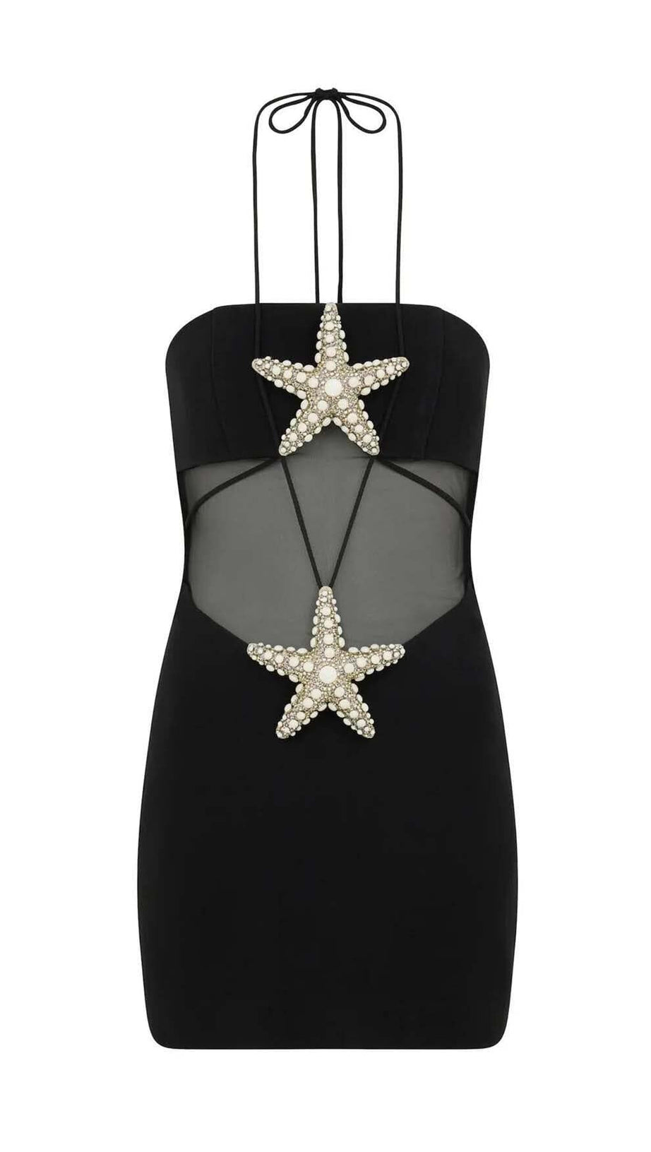 CRYSTAL STARFISH HALTER MINI DRESS IN BLACK