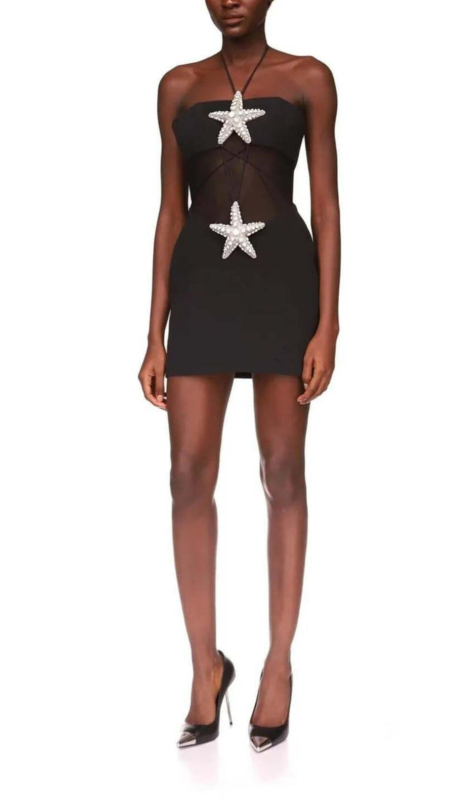 CRYSTAL STARFISH HALTER MINI DRESS IN BLACK