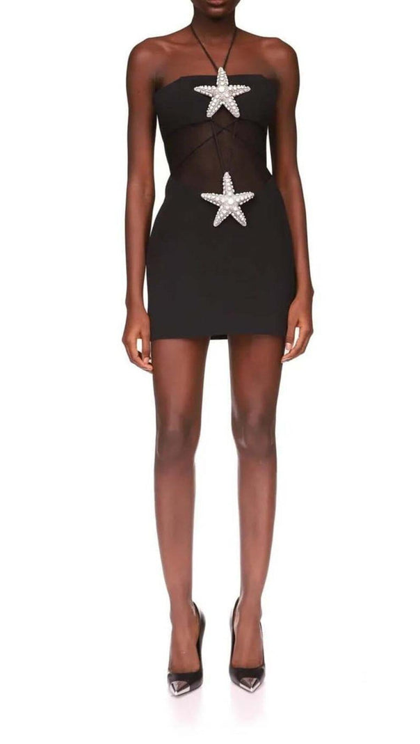 AIIZIE CRYSTAL STARFISH HALTER MINI DRESS IN BLACK - product image