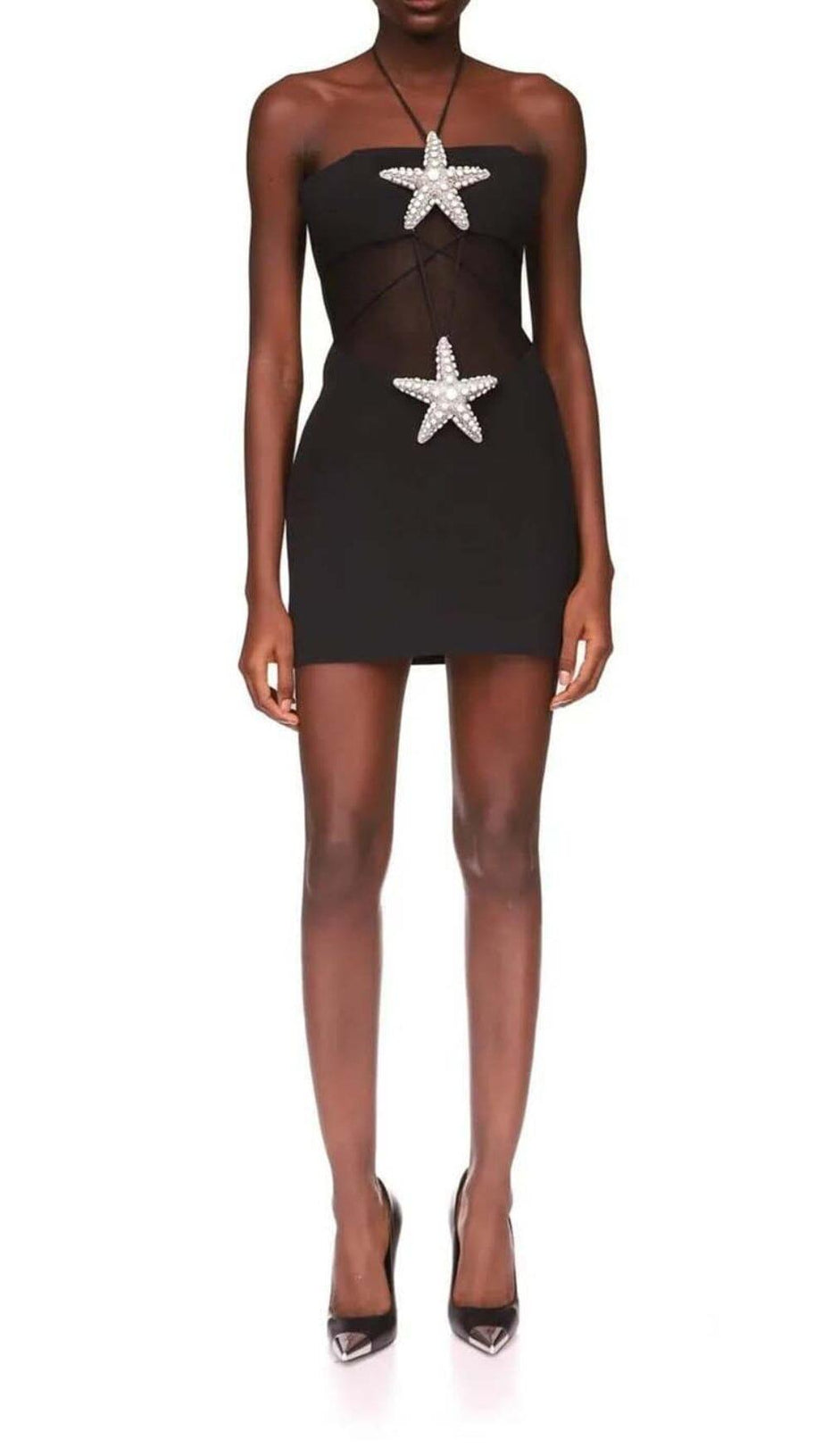 CRYSTAL STARFISH HALTER MINI DRESS IN BLACK