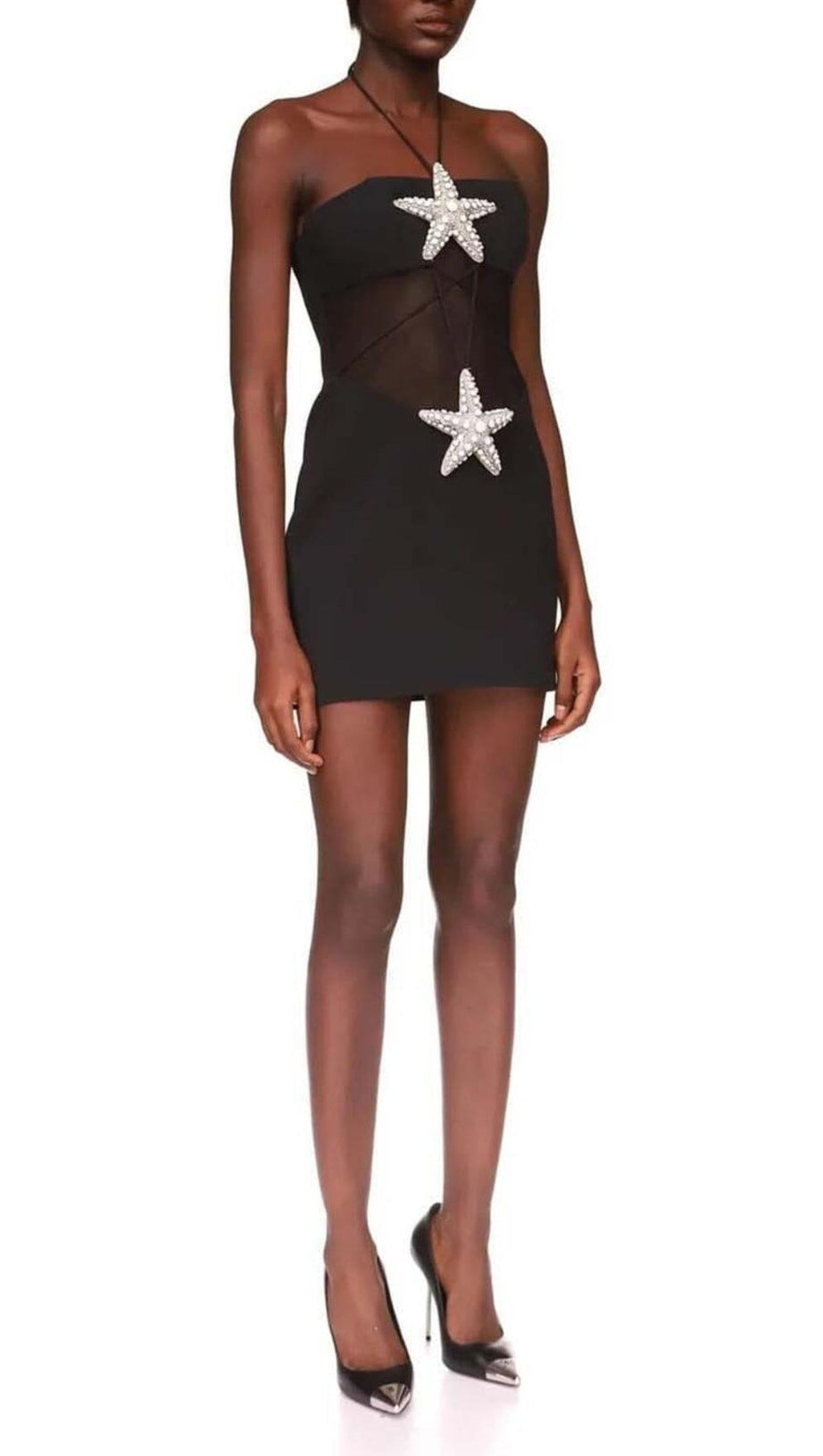 CRYSTAL STARFISH HALTER MINI DRESS IN BLACK