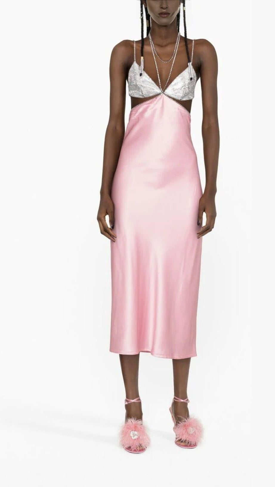 CRYSTAL-EMBELLISHED SLIP MIDI DRESS IN PINK