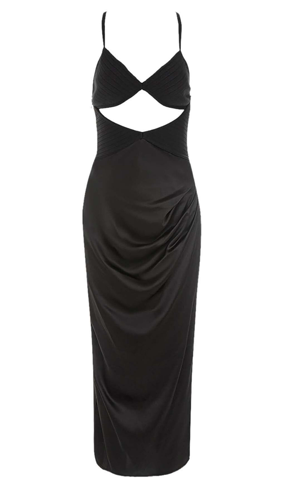 CUT OUT FRONT SATIN CAMI MIDI DRESS IN BLACK