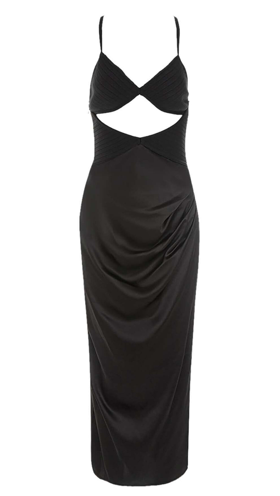 ABITO MIDI IN RASO CON CAMICIA E TAGLIO FRONTALE NERO