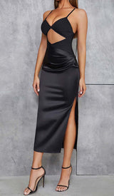 CUT OUT FRONT SATIN CAMI MIDI DRESS IN BLACK