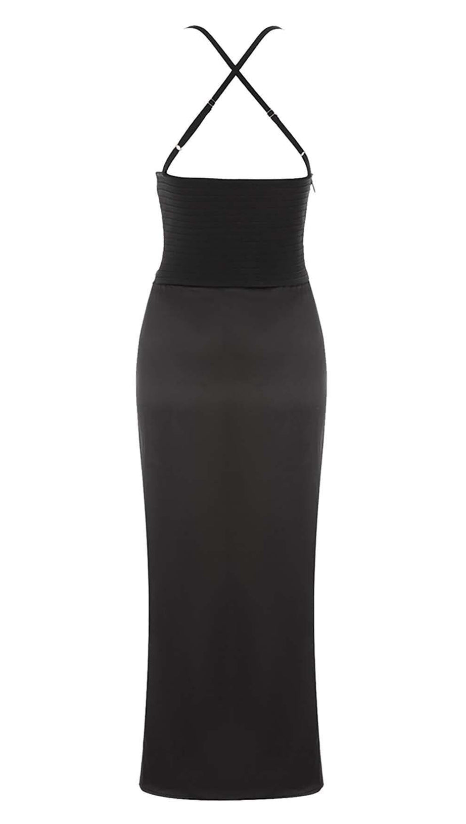 CUT OUT FRONT SATIN CAMI MIDI DRESS IN BLACK