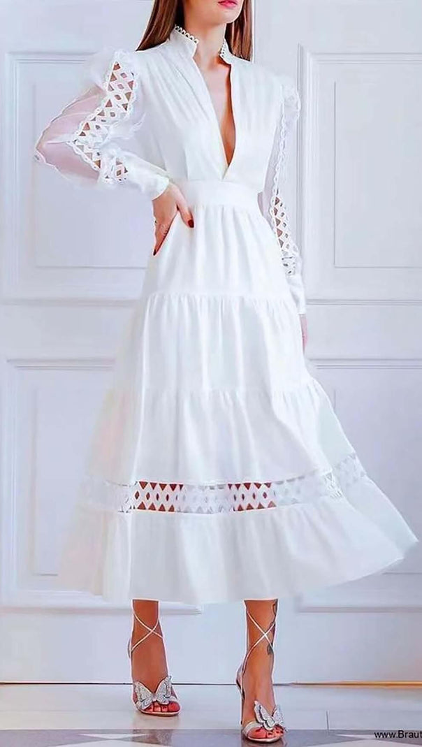 AIIZIE CUTWORK PLUNGE MIDI DRESS IN WHITE - product image