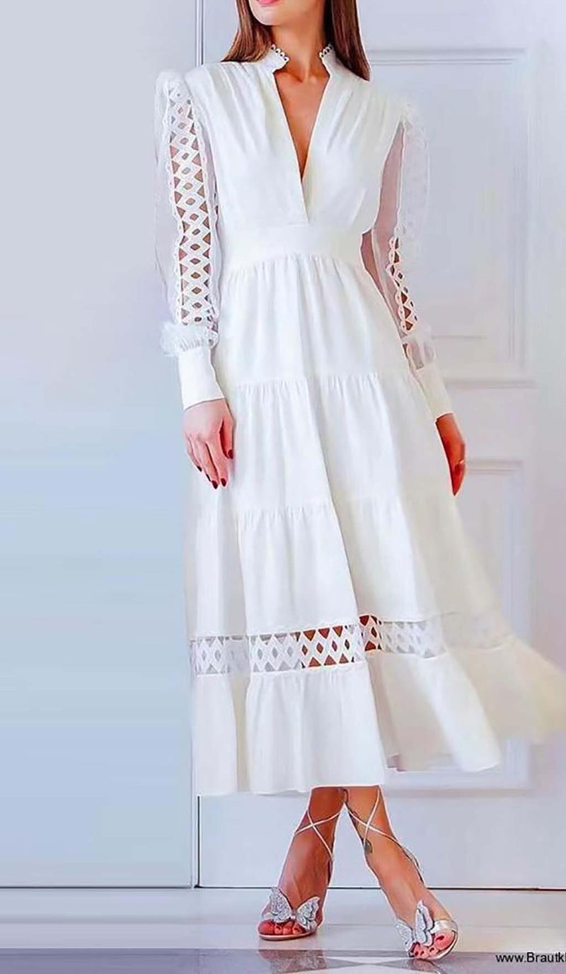 CUTWORK PLUNGE MIDI DRESS IN WHITE