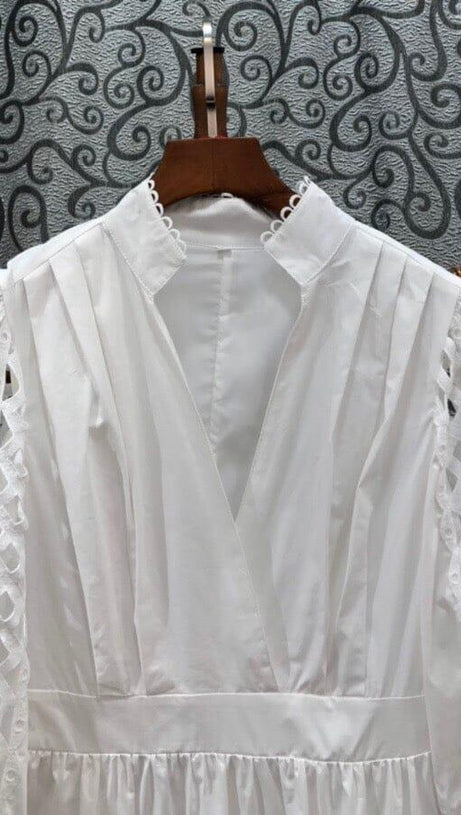 CUTWORK PLUNGE MIDI DRESS IN WHITE