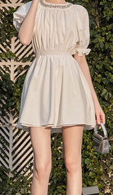 CYSTAL NECK PUFF SLEEVE MINI DRESS