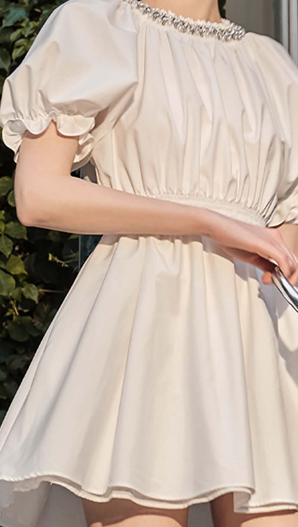 AIIZIE CYSTAL NECK PUFF SLEEVE MINI DRESS - product image