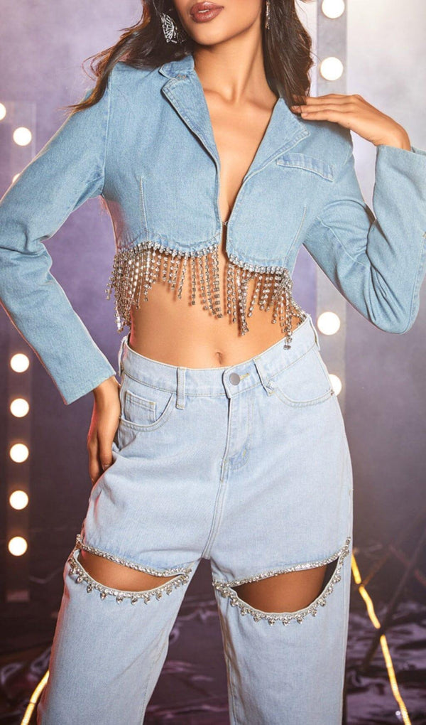 DENIM CHAIN FRINGE BLAZER