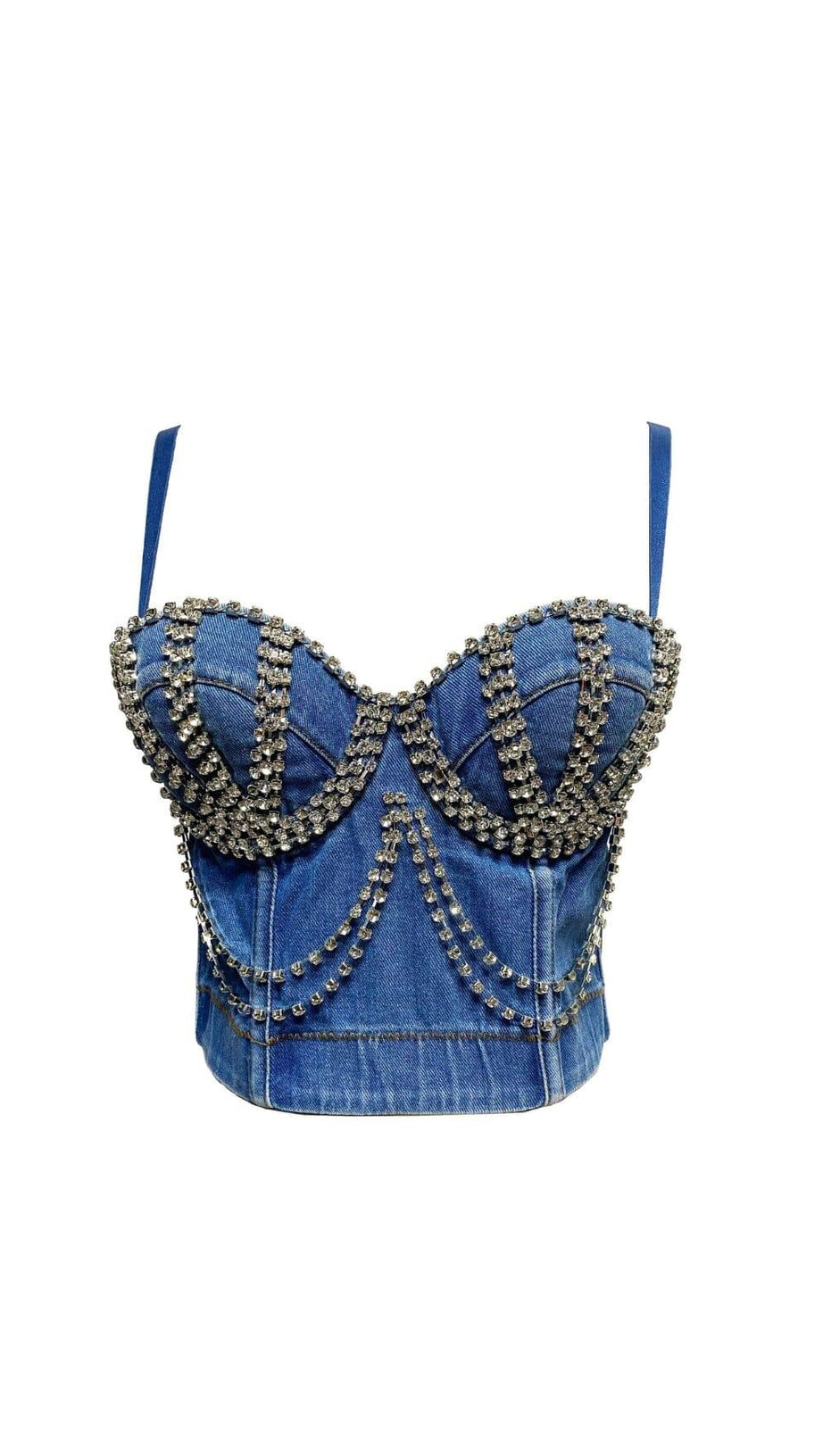 DENIM CRYSTAL CHAIN CROP TOP