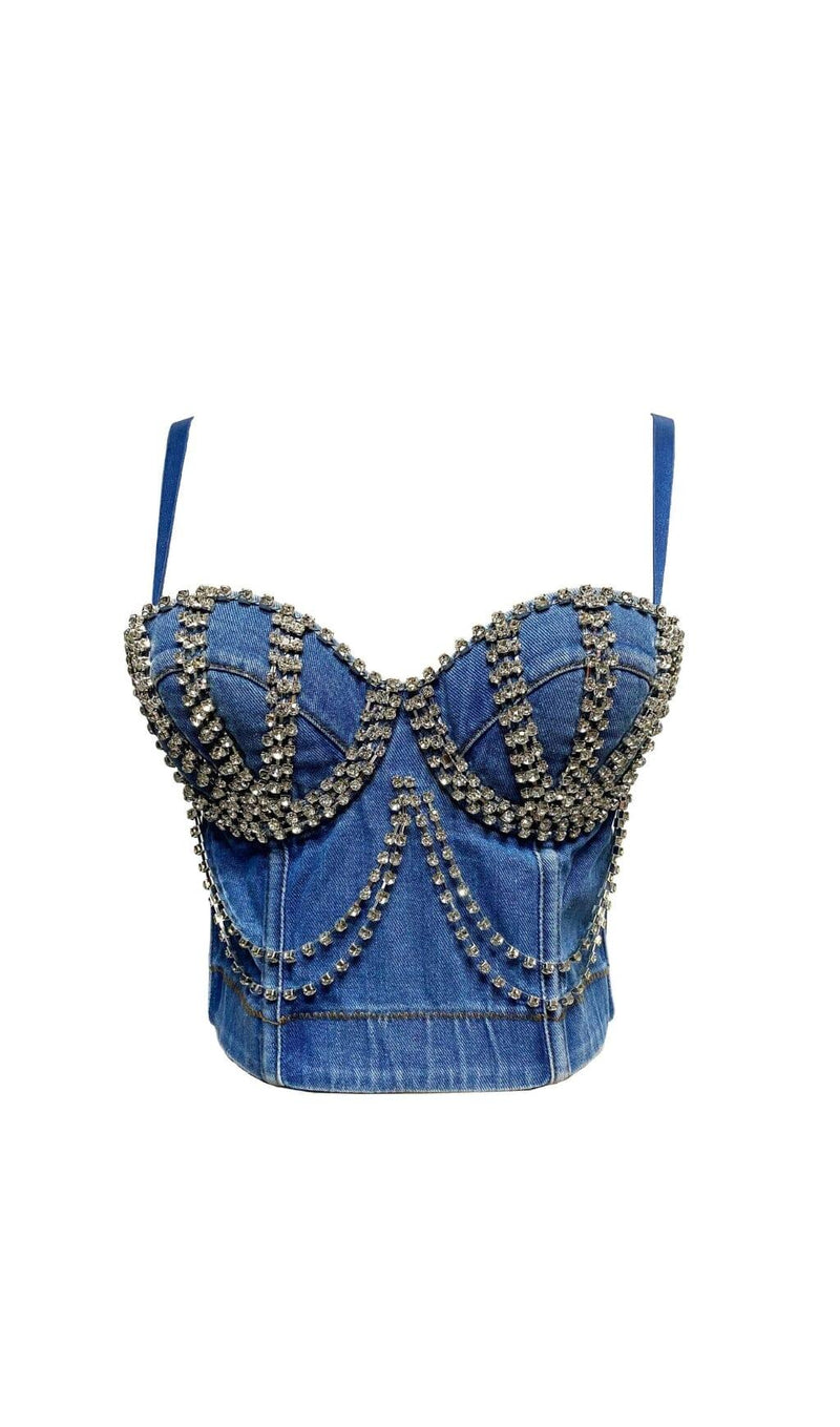 DENIM CRYSTAL CHAIN CROP TOP