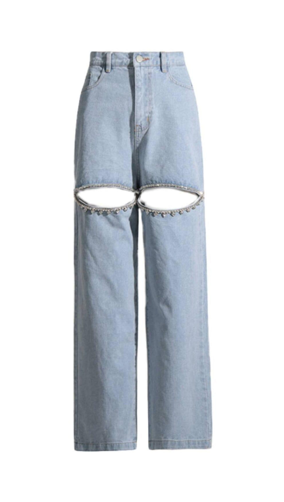 EMBELLISHED CUTOUT DENIM PANTS