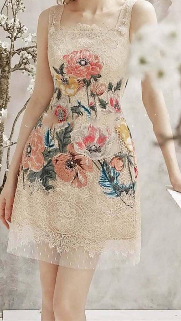 AIIZIE EMBROIDERY FLOWER LACE MIDI DRESS IN BEIGE - product image