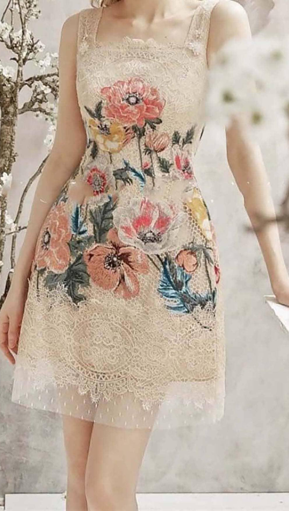 EMBROIDERY FLOWER LACE MIDI DRESS IN BEIGE