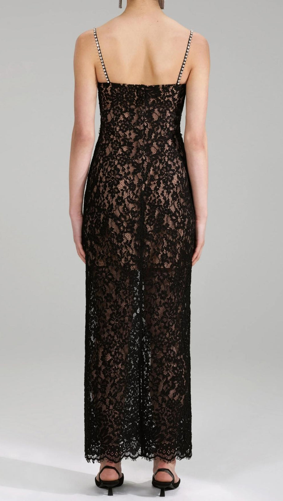 SLEEVELESS LACE MIDI DRESS IN BLACK