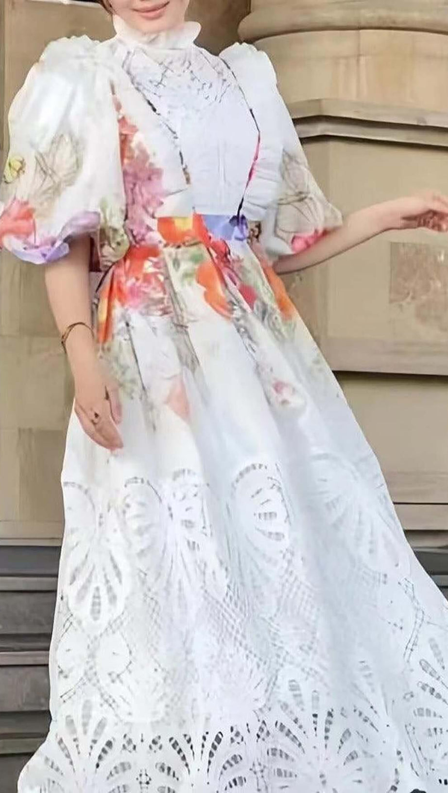 ABITO LUNGO IN PIZZO PATCHWORK FLOREALE