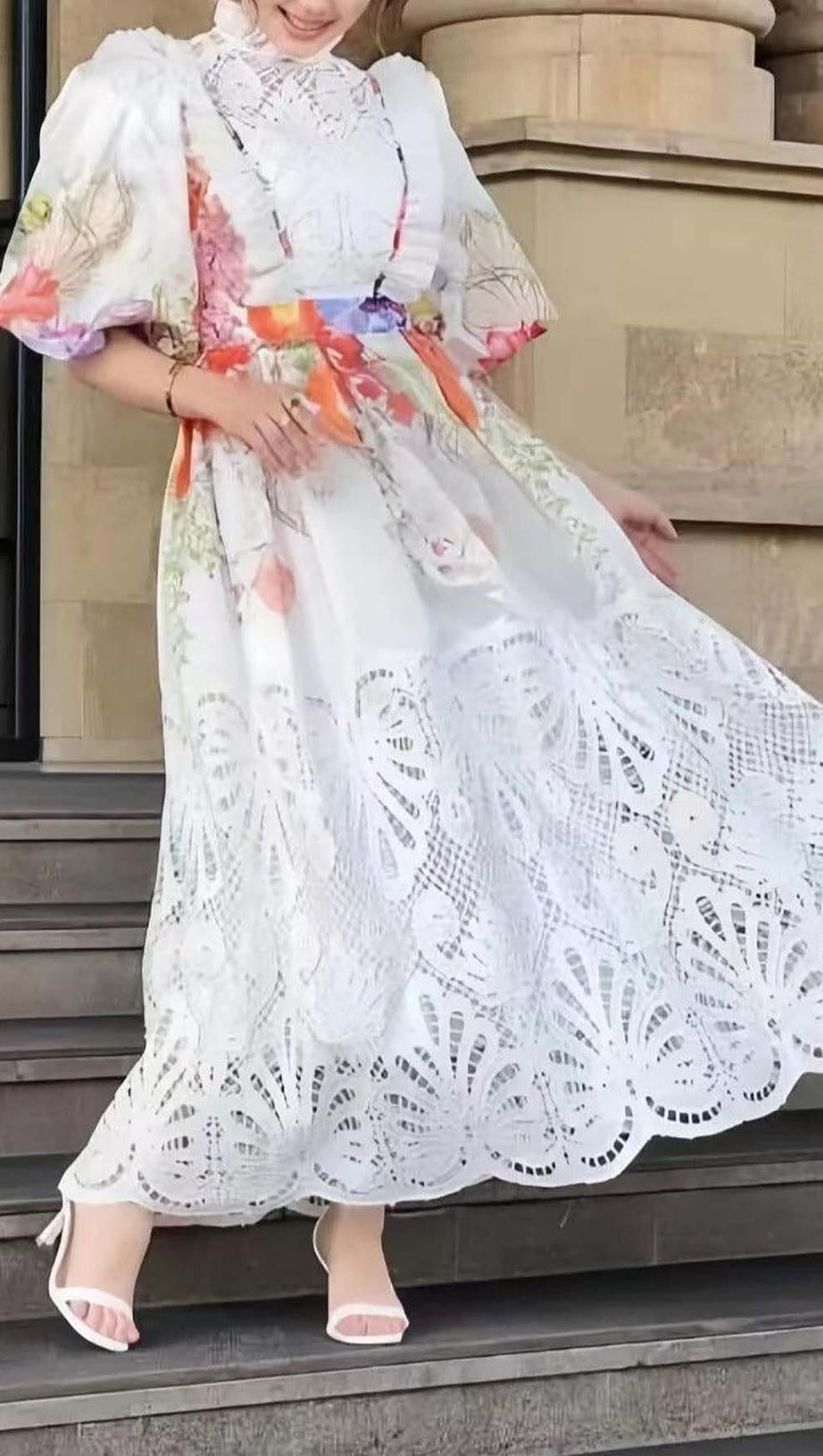 ABITO LUNGO IN PIZZO PATCHWORK FLOREALE