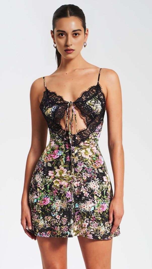 AIIZIE FLORAL PRINT SATIN MINI DRESS WITH LACE TRIM - product image