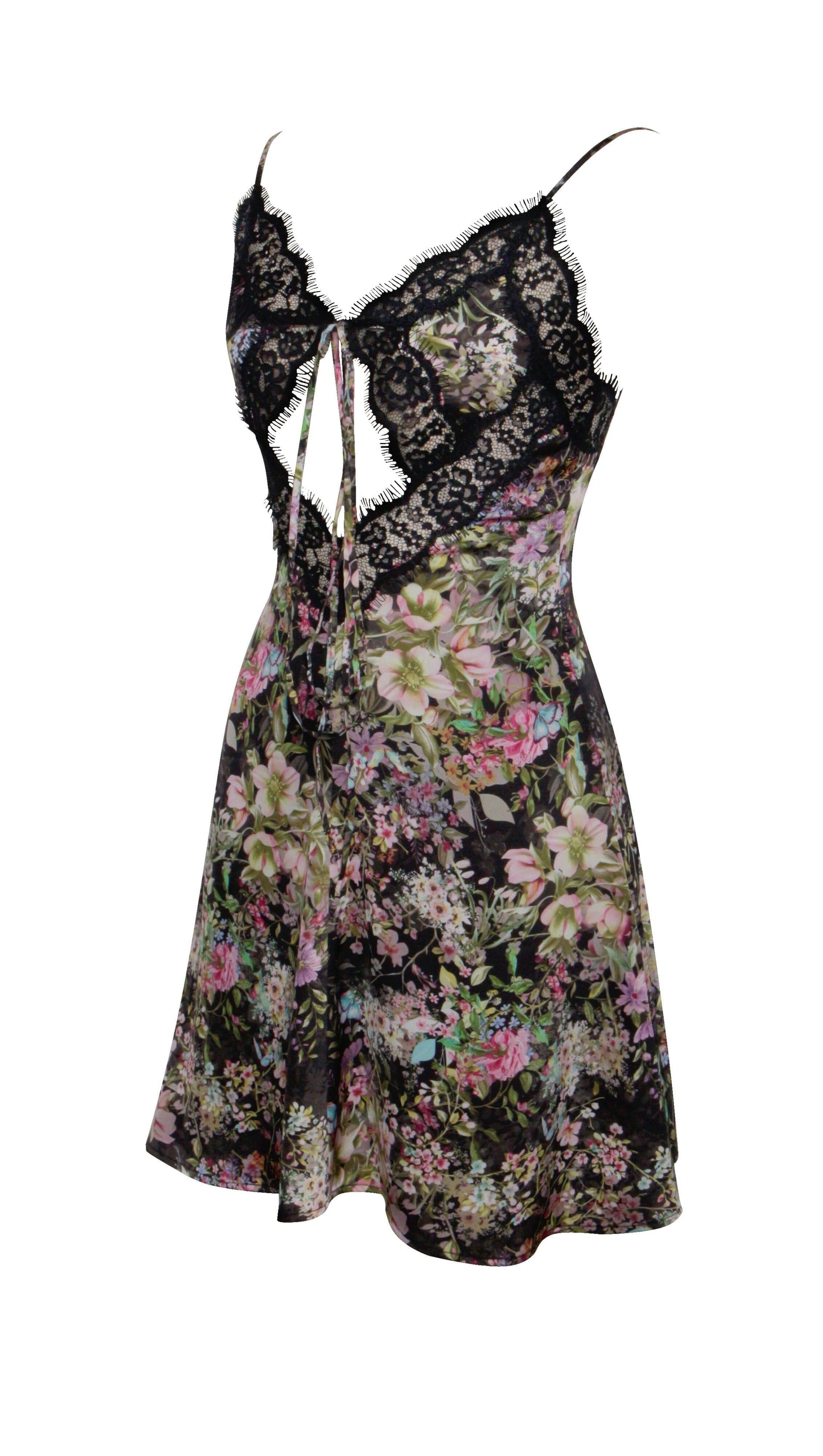 MINI ABITO IN RASO CON STAMPA FLOREALE E BORDI IN PIZZO