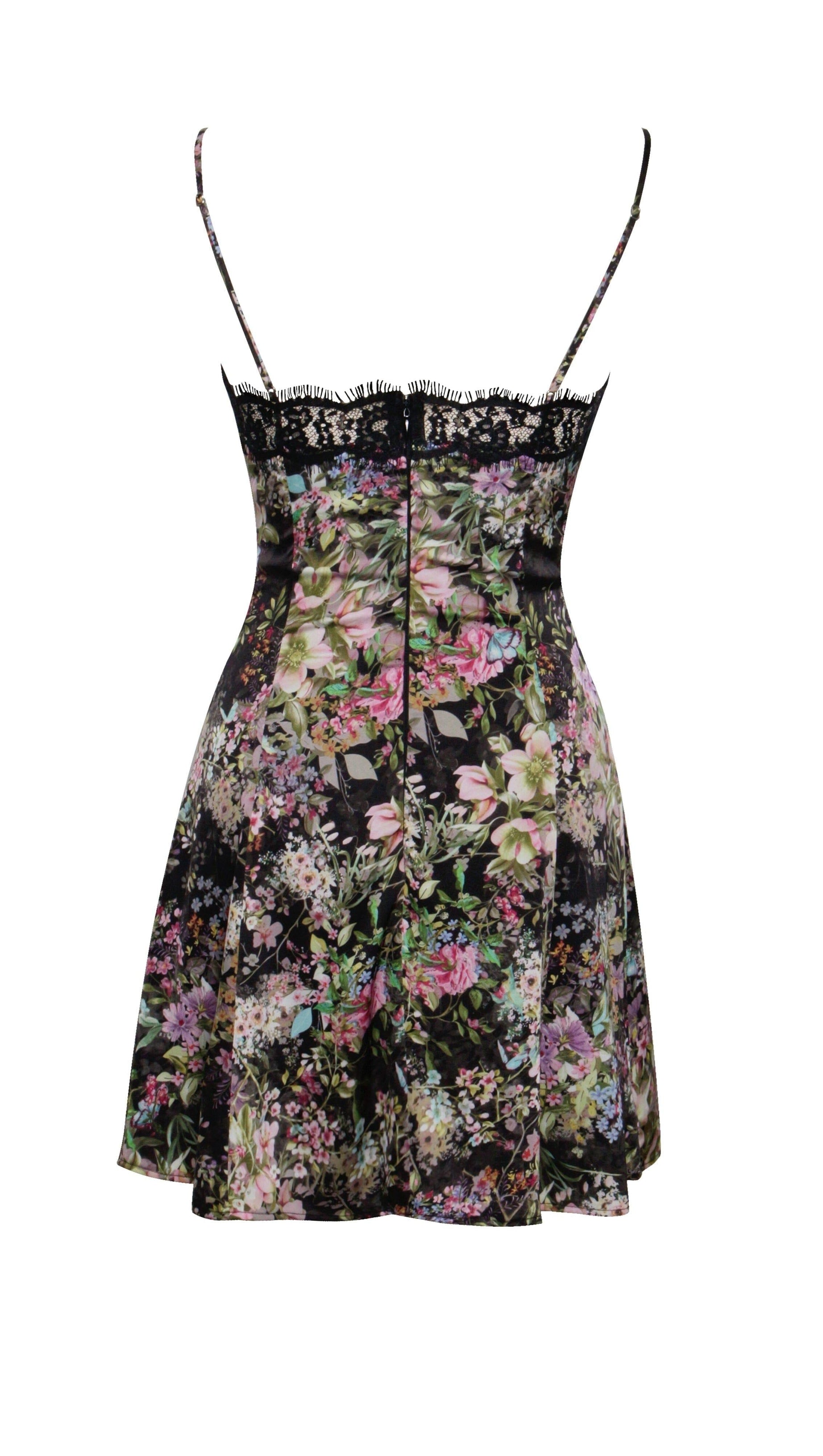 MINI ABITO IN RASO CON STAMPA FLOREALE E BORDI IN PIZZO