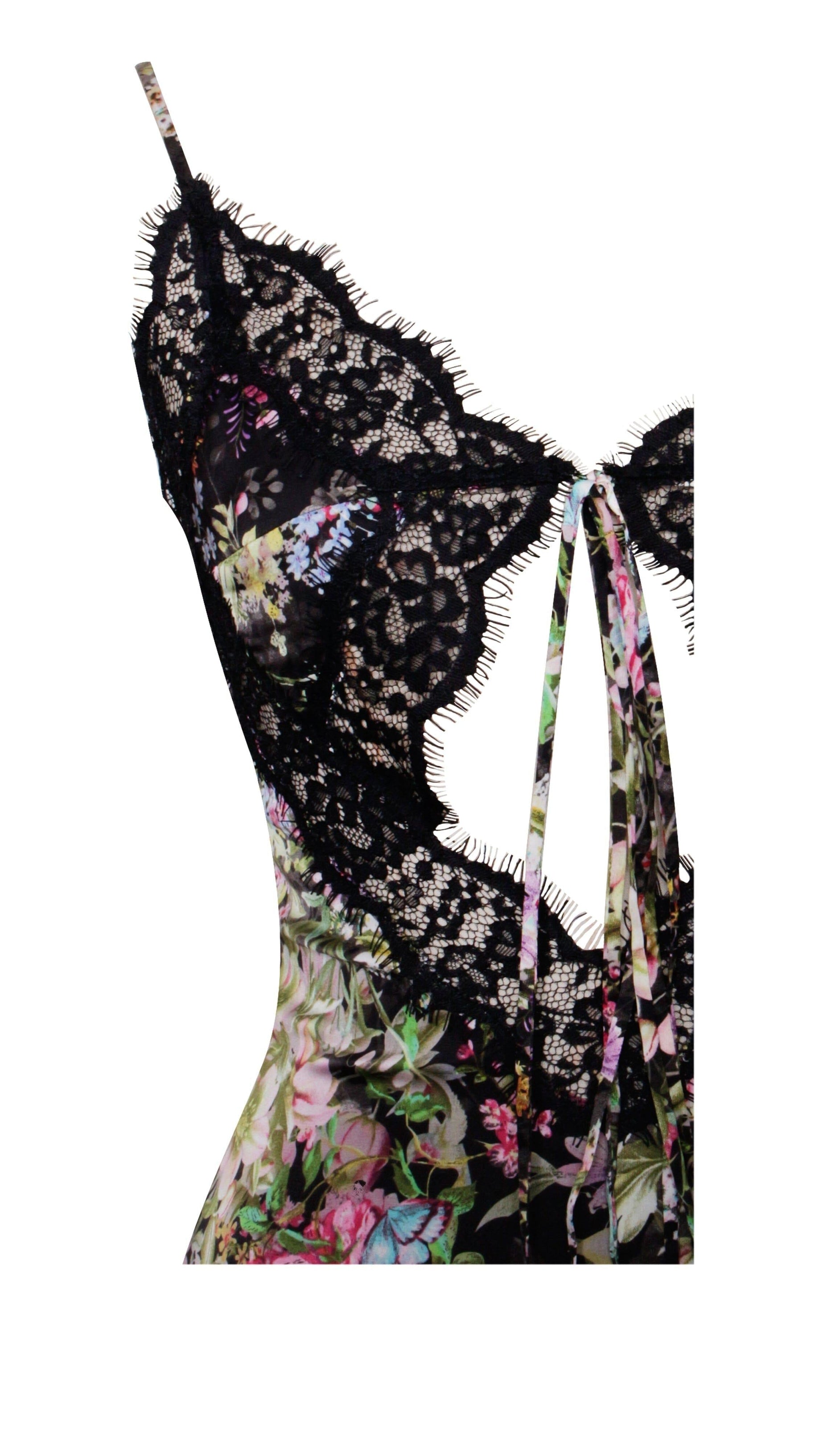 MINI ABITO IN RASO CON STAMPA FLOREALE E BORDI IN PIZZO