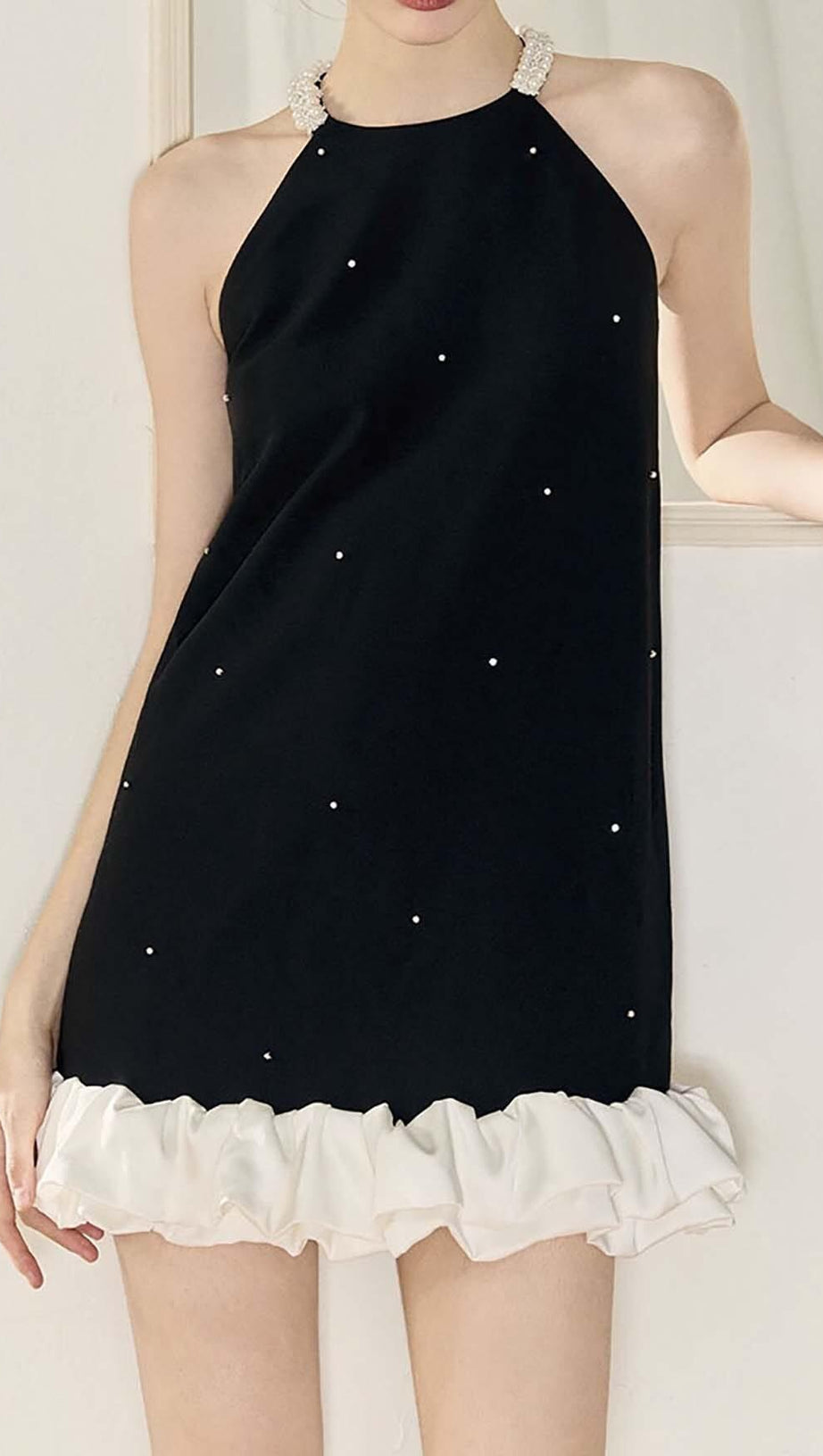 FRILL PEARL MINI DRESS IN BLACK