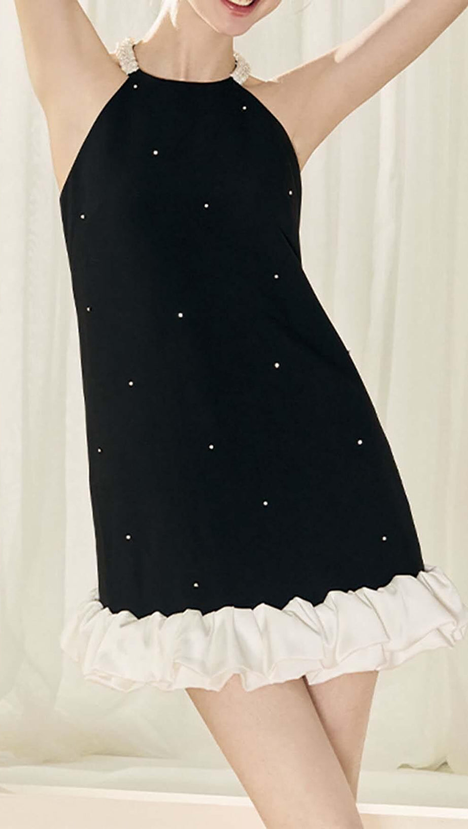 FRILL PEARL MINI DRESS IN BLACK