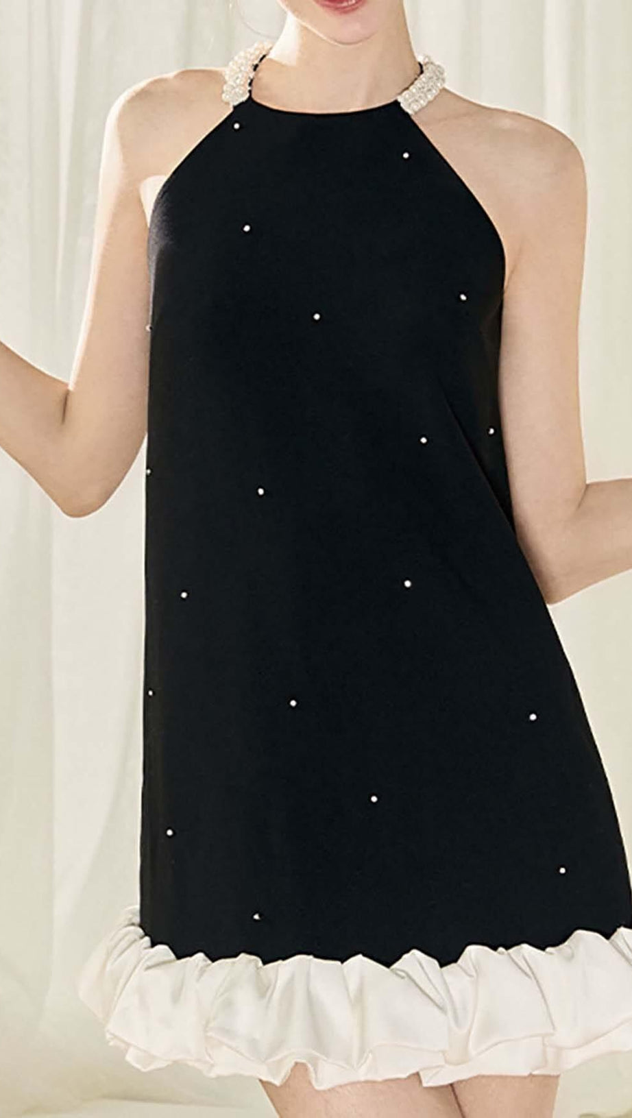 FRILL PEARL MINI DRESS IN BLACK